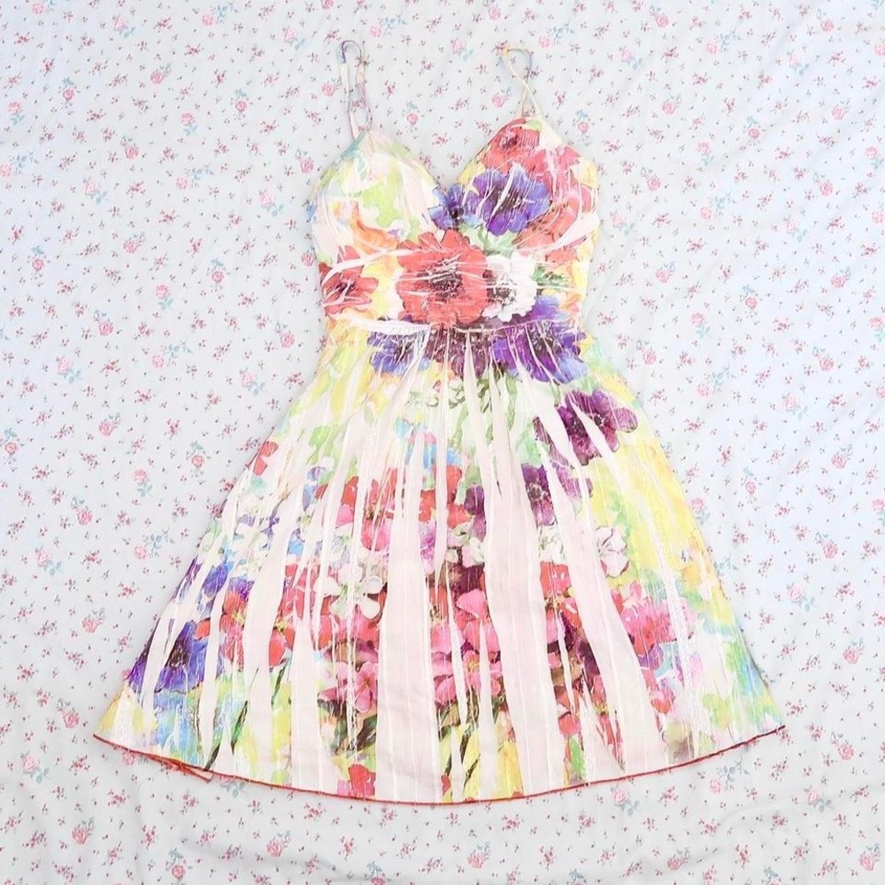 la scala floral dress y2k watercolor sundress coquette fit and flare dress